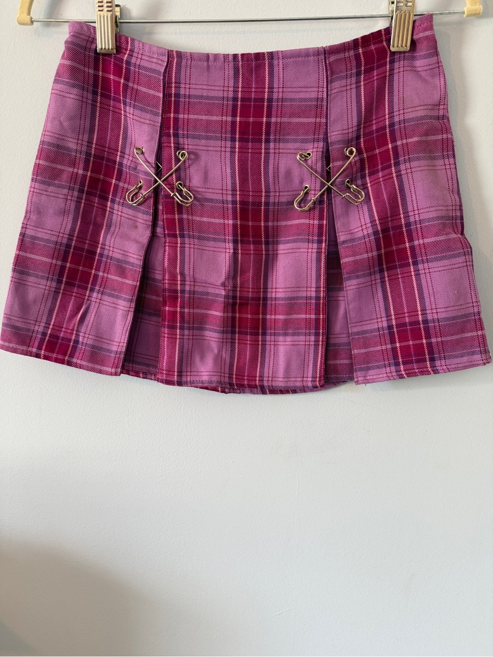 Pink Plaid Mini Skirt with Silver Pin Accents